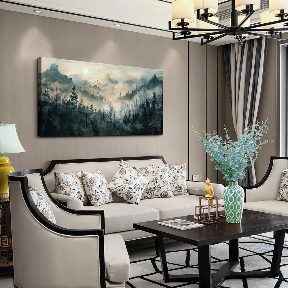 KELIYUAN Mountain View Canvas Wall Painting For Living Room Natural Landscape Painting Misty Forest Wall Decoration For Bedroom Home Decoration Modern Printed Artwork Can Be Hung Directly 20x40 In