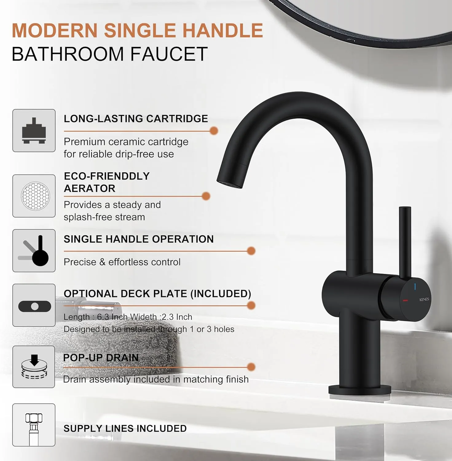 KENES Matte Black Bathroom Sink Faucet, Bathroom Faucets Single Handle Modern Prep Wet Bar Sink Faucets with Drain Assembly & Deck Plate, Farmhouse RV Camper Outdoor Utility Faucet, KE-9005B-2