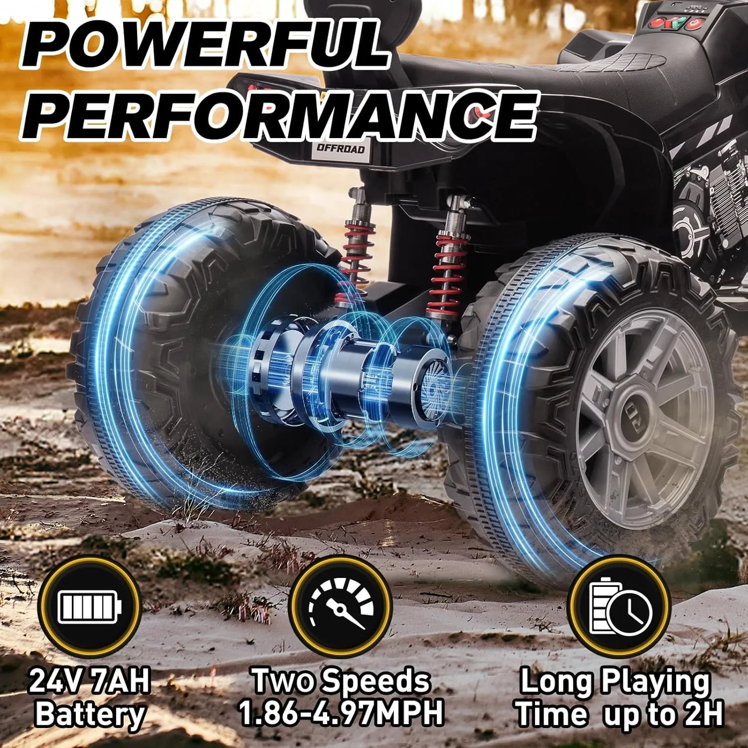 Kids ATV 4 Wheeler Ride on Eletric Motorcycle, 24V Battery Powered, KidsElectric Toy Car, with High&Low Speed, Music, Led Lights, Ride On Car for 3-8 Kids,Black
