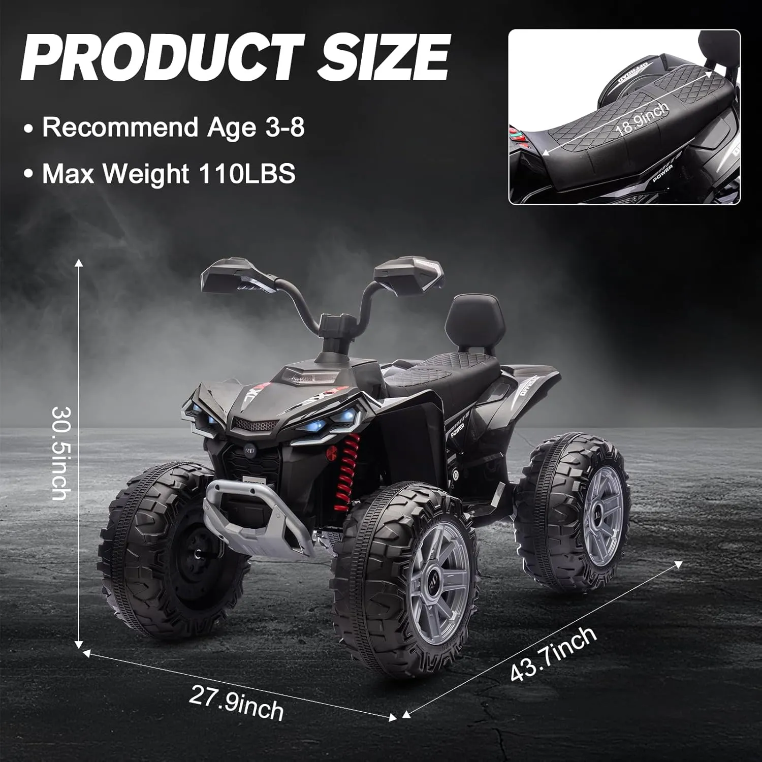 Kids ATV 4 Wheeler Ride on Eletric Motorcycle, 24V Battery Powered, KidsElectric Toy Car, with High&Low Speed, Music, Led Lights, Ride On Car for 3-8 Kids,Black