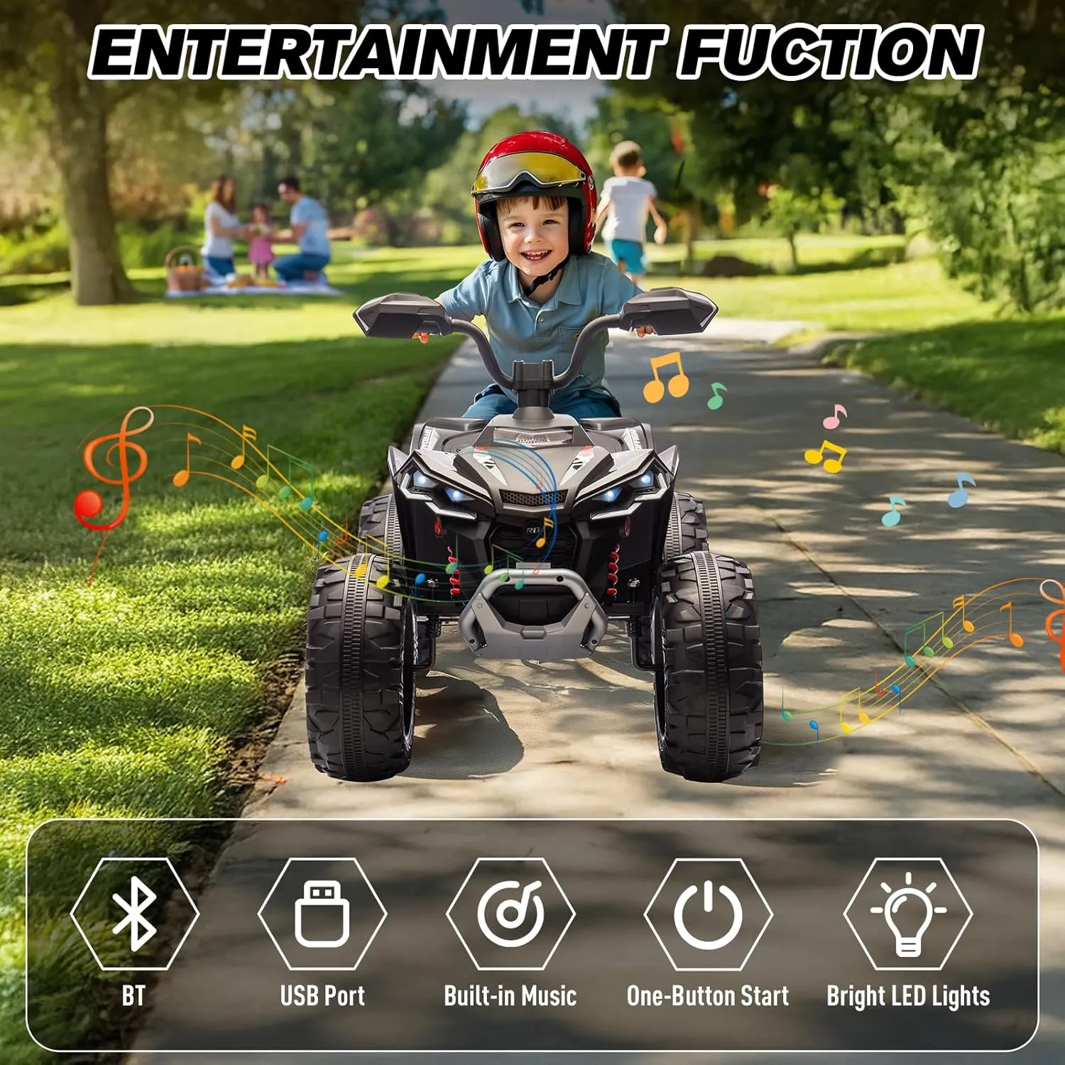 Kids ATV 4 Wheeler Ride on Eletric Motorcycle, 24V Battery Powered, KidsElectric Toy Car, with High&Low Speed, Music, Led Lights, Ride On Car for 3-8 Kids,Black