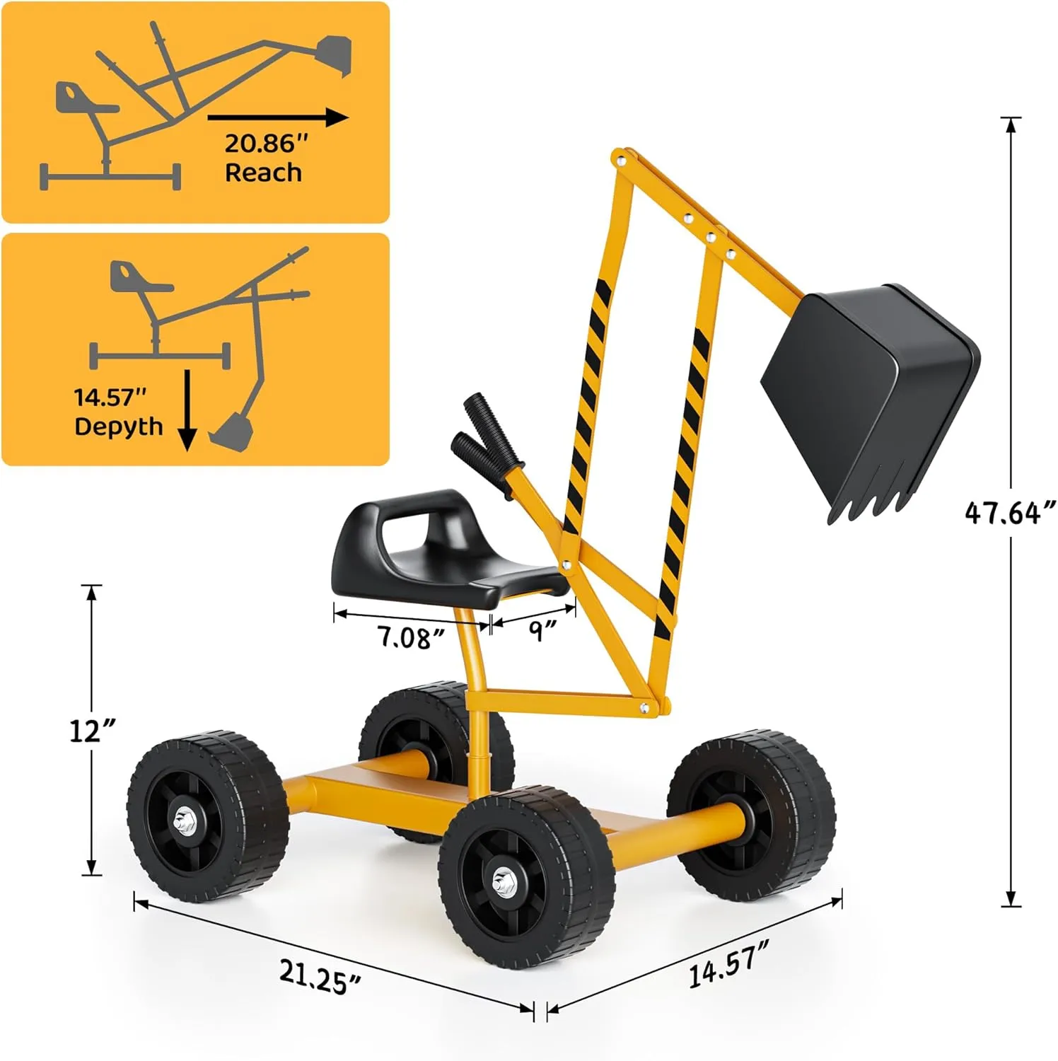 Kids Excavator Ride on Sand Digger with Wheels, Beach Toys Outdoor Sandbox Toy Excavator, Steel Excavator Crane Rotates 360 Degrees with Stable Base, Outdoor Sandbox Play Toy, Yellow
