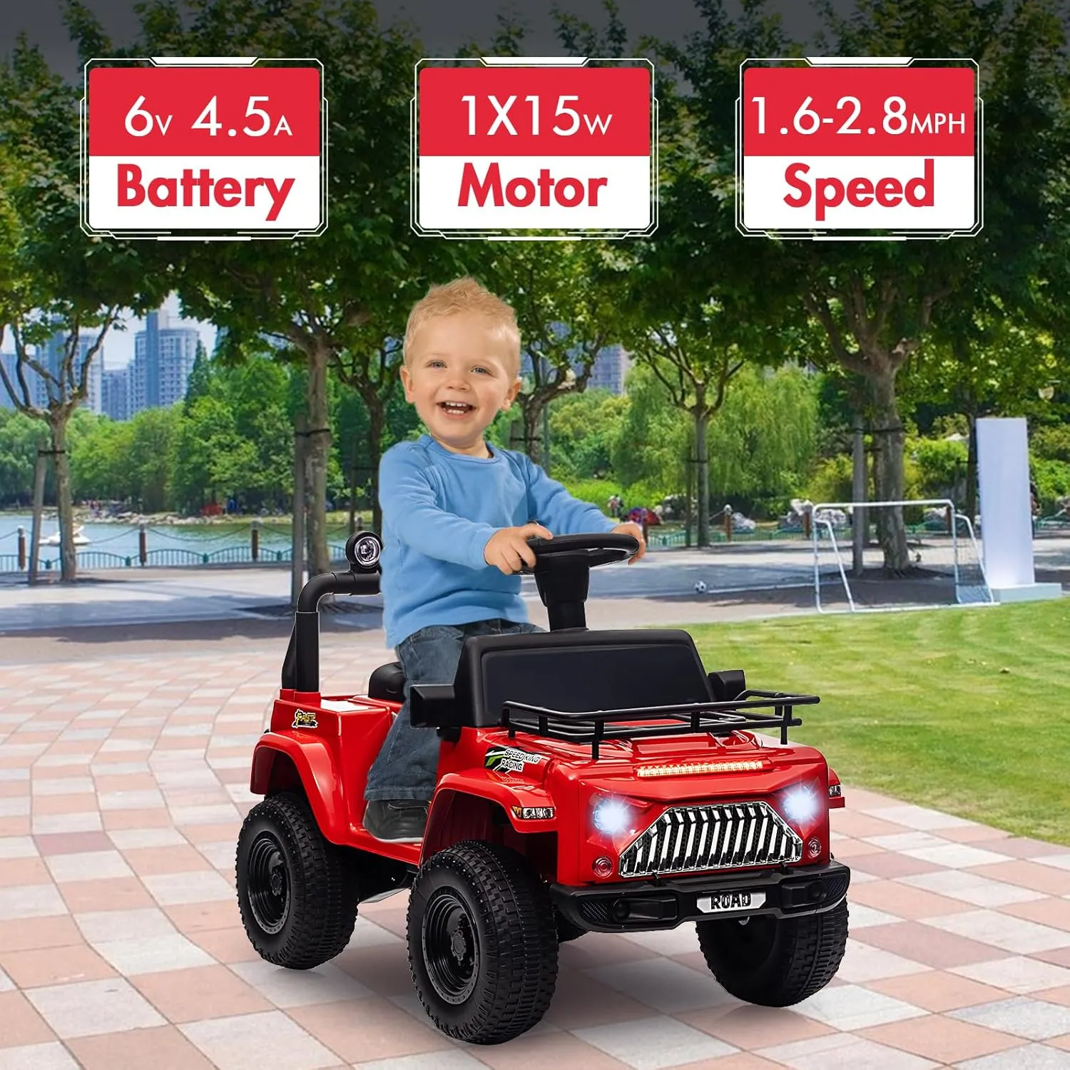 Kids Ride On 6V Electric Truck Car, Battery Powered Electric 4 Wheeler Off-Road Truck w/MP3, USB, Led Lights and Storage Area, Toddler Ride On Toys for Boys Girs, Red