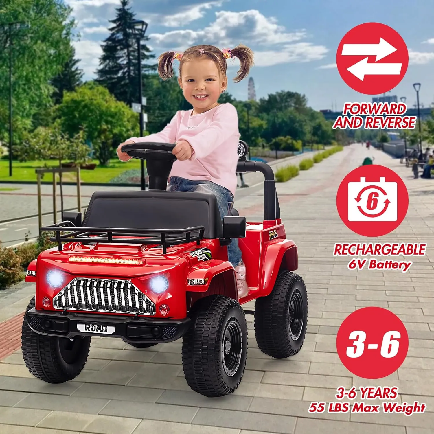 Kids Ride On 6V Electric Truck Car, Battery Powered Electric 4 Wheeler Off-Road Truck w/MP3, USB, Led Lights and Storage Area, Toddler Ride On Toys for Boys Girs, Red