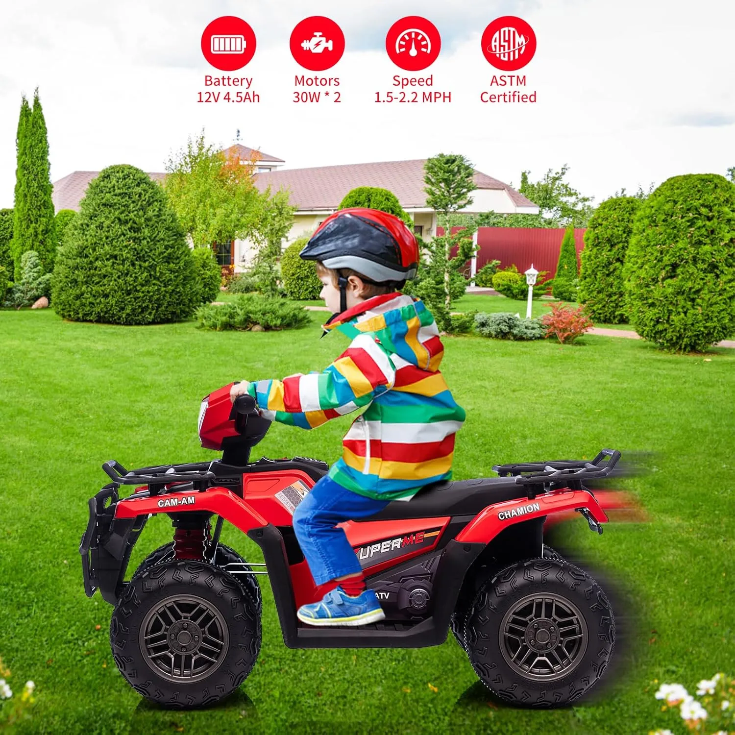 Kids Ride On ATV, 12V Kids 4 Wheeler Battery Powered Toy Car for Toddlers， w/Led Lights, High & Low Speed, Horn, Music, USB, Forward & Backward,Ride On Four Wheeler Quad for Boys & Girl-Red