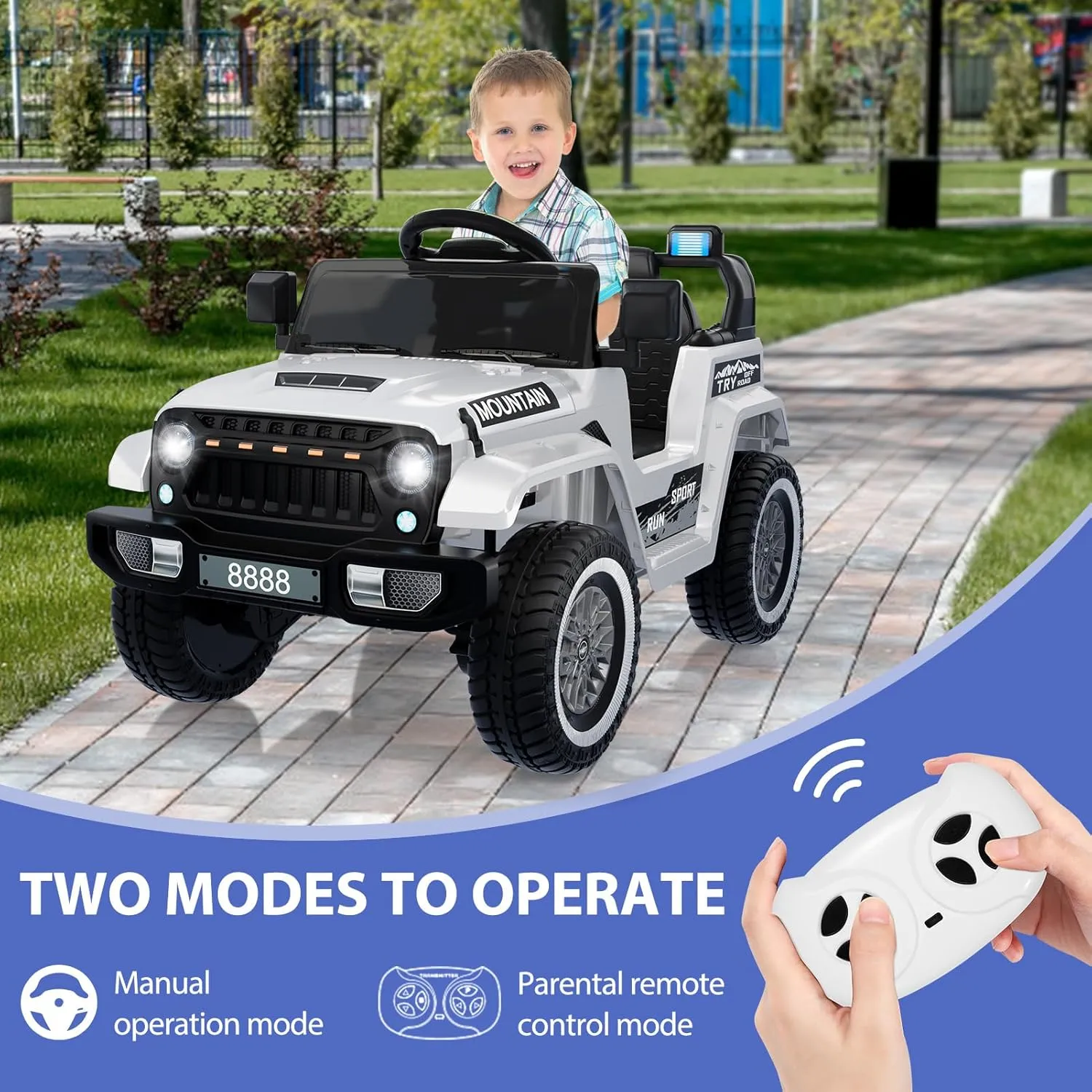 Kids Ride On Truck Car, 12V Battery Powered Electric Vehicles for Kids with Remote Control, 3 Speeds, Led Lights, Music, Ride On Toy Car for Boys Girls, White