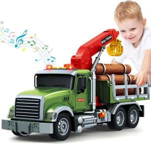 Kids Toys for 3 4 5 6 7 8 Years Old Boys, 15" Farm Logging Truck Toy with Loading Crane and 6 Trunks, Lights, Sounds, Toddler Friction Powered Truck Vehicle Toy for Boys Girls Birthday Gifts