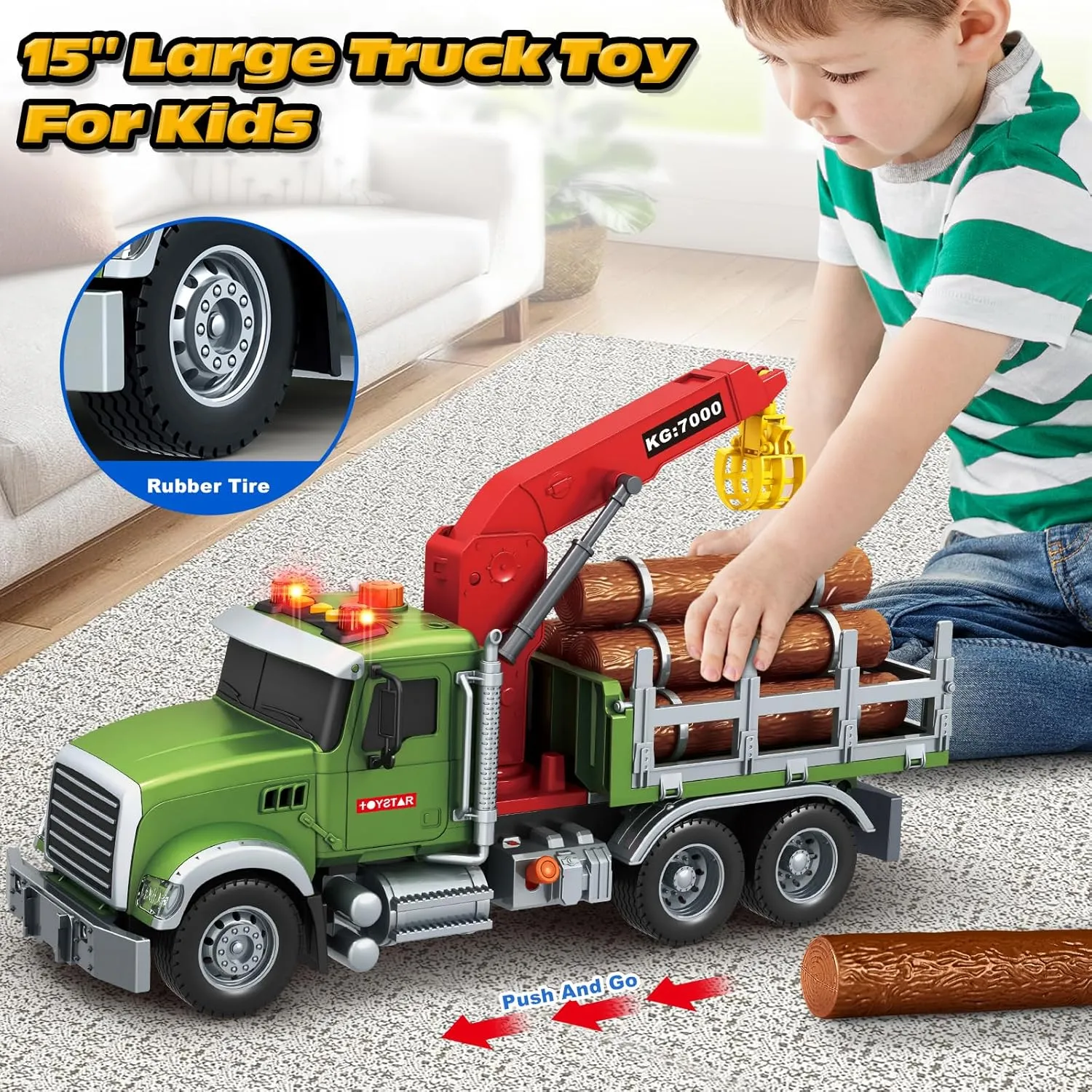 Kids Toys for 3 4 5 6 7 8 Years Old Boys, 15" Farm Logging Truck Toy with Loading Crane and 6 Trunks, Lights, Sounds, Toddler Friction Powered Truck Vehicle Toy for Boys Girls Birthday Gifts