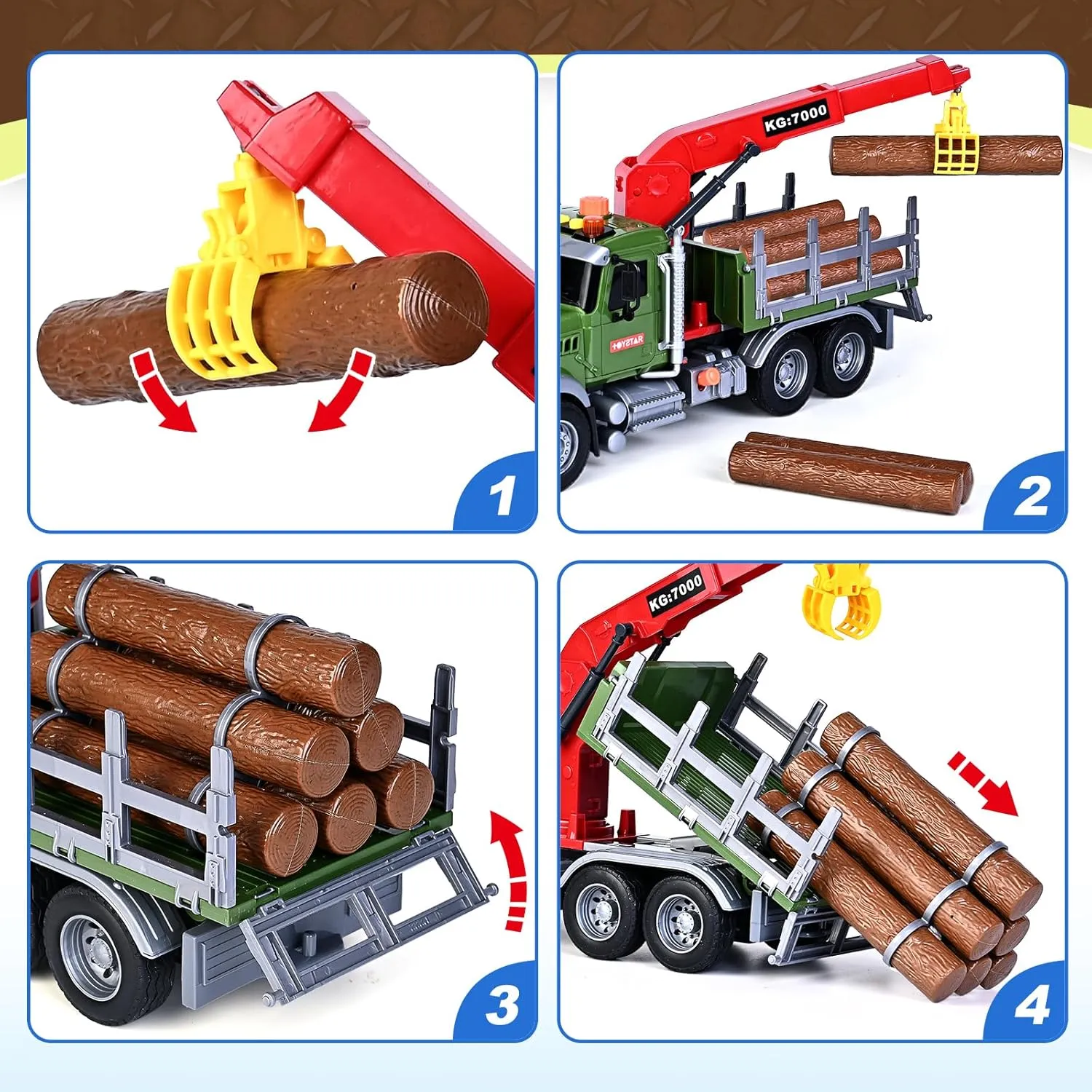Kids Toys for 3 4 5 6 7 8 Years Old Boys, 15" Farm Logging Truck Toy with Loading Crane and 6 Trunks, Lights, Sounds, Toddler Friction Powered Truck Vehicle Toy for Boys Girls Birthday Gifts