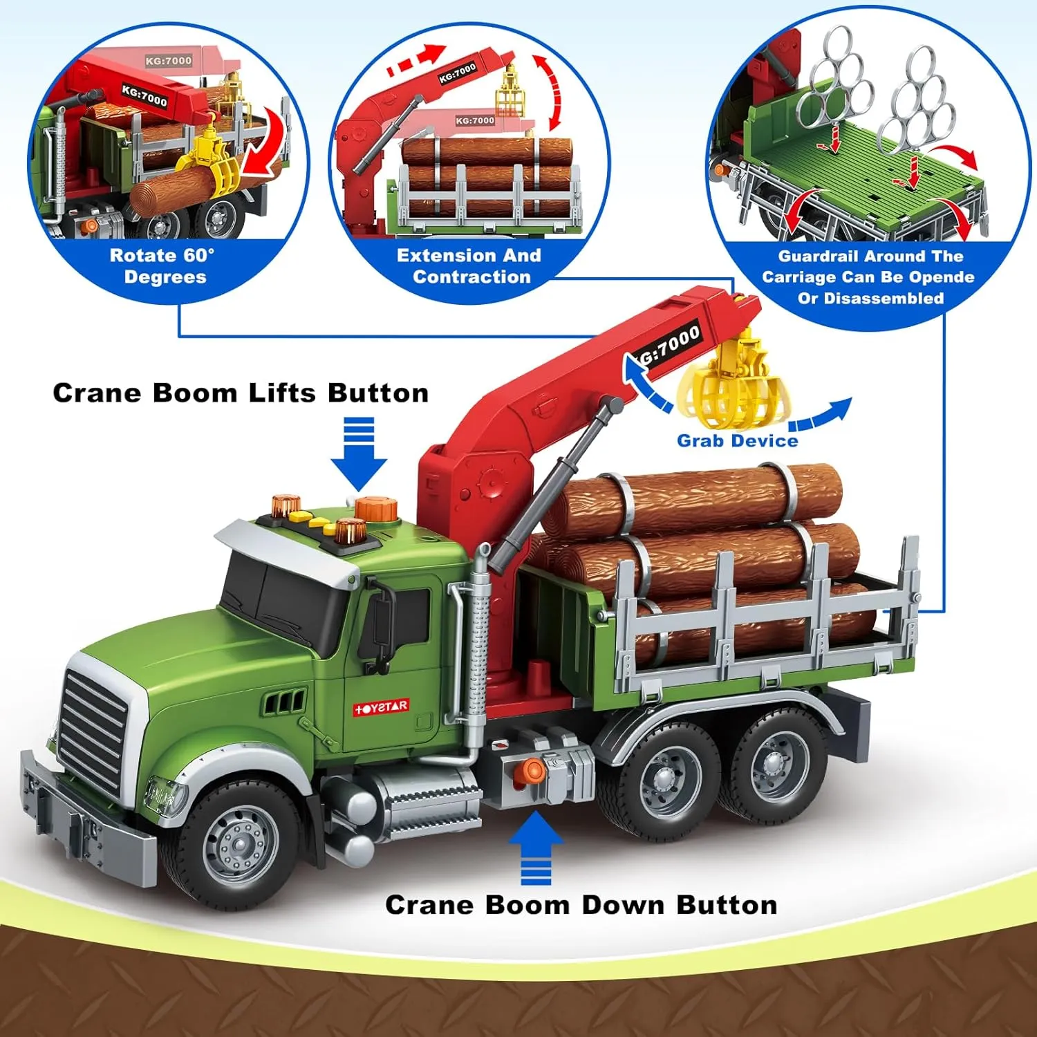Kids Toys for 3 4 5 6 7 8 Years Old Boys, 15" Farm Logging Truck Toy with Loading Crane and 6 Trunks, Lights, Sounds, Toddler Friction Powered Truck Vehicle Toy for Boys Girls Birthday Gifts