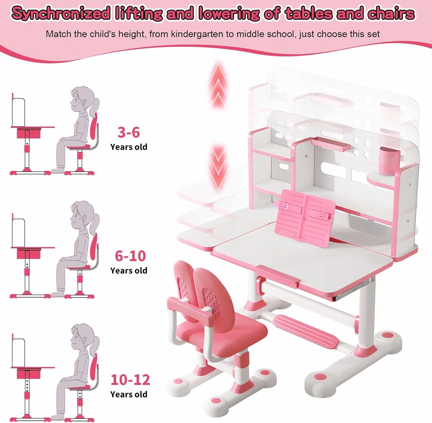 Kids Desk and Chair Set, 2025 Upgraded Height Adjustable Toddler Desk with 50-Degree Tiltable Desktop & Bookshelf & Storage Drawer, Ergonomic Kids Study Desk and Chair Set for Boys Girls Pink