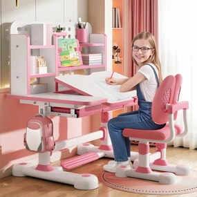Kids Desk and Chair Set, 2025 Upgraded Height Adjustable Toddler Desk with 50-Degree Tiltable Desktop & Bookshelf & Storage Drawer, Ergonomic Kids Study Desk and Chair Set for Boys Girls Pink