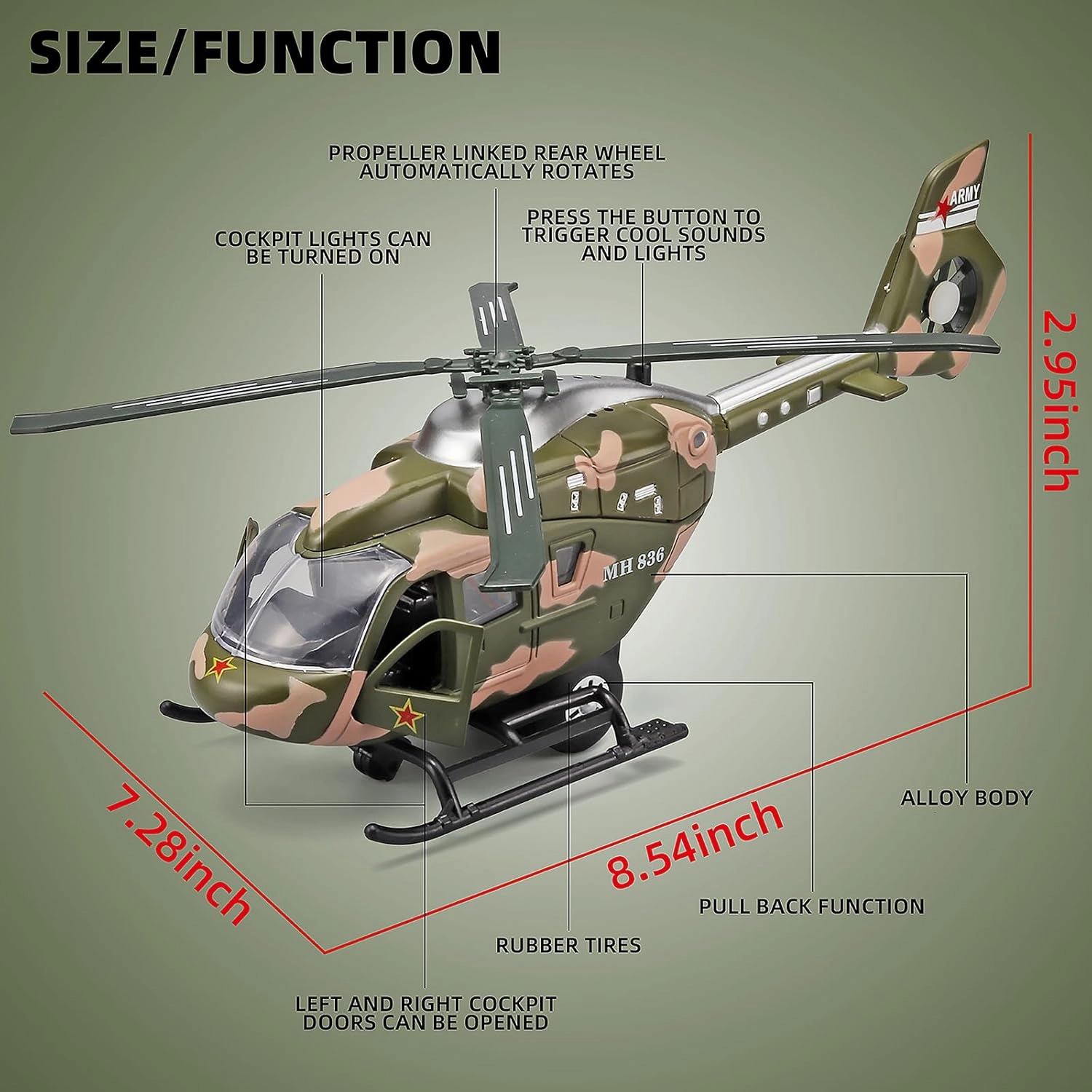 Kids Helicopter Toy Diecast Military Helicopter Model Kit,Pull Back Toy Helicopters with Lights and Sound,Toy Airplane with Rotatable Propeller,Helicopters Toys for Boys Age 4-7（ArmyGreen）