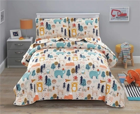 Kids Quilt Full/Queen Size Bear Bedding Set,3Pcs Forest Tree Bedspread Animals Coverlets, Lightweight Reversible Cartoon Bedspread Deer Owl Bedding Pillow Shams