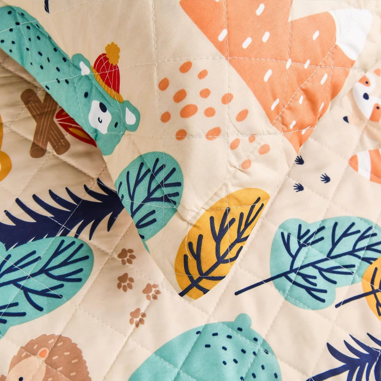 Kids Quilt Full/Queen Size Bear Bedding Set,3Pcs Forest Tree Bedspread Animals Coverlets, Lightweight Reversible Cartoon Bedspread Deer Owl Bedding Pillow Shams