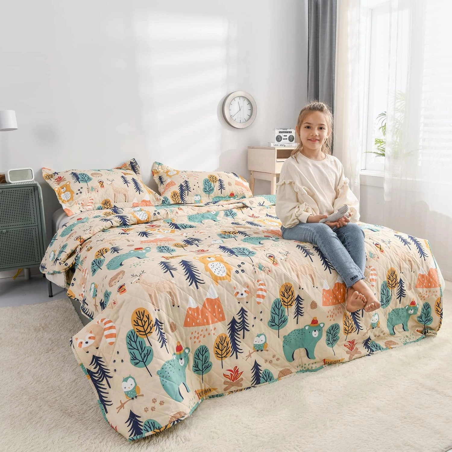 Kids Quilt Full/Queen Size Bear Bedding Set,3Pcs Forest Tree Bedspread Animals Coverlets, Lightweight Reversible Cartoon Bedspread Deer Owl Bedding Pillow Shams