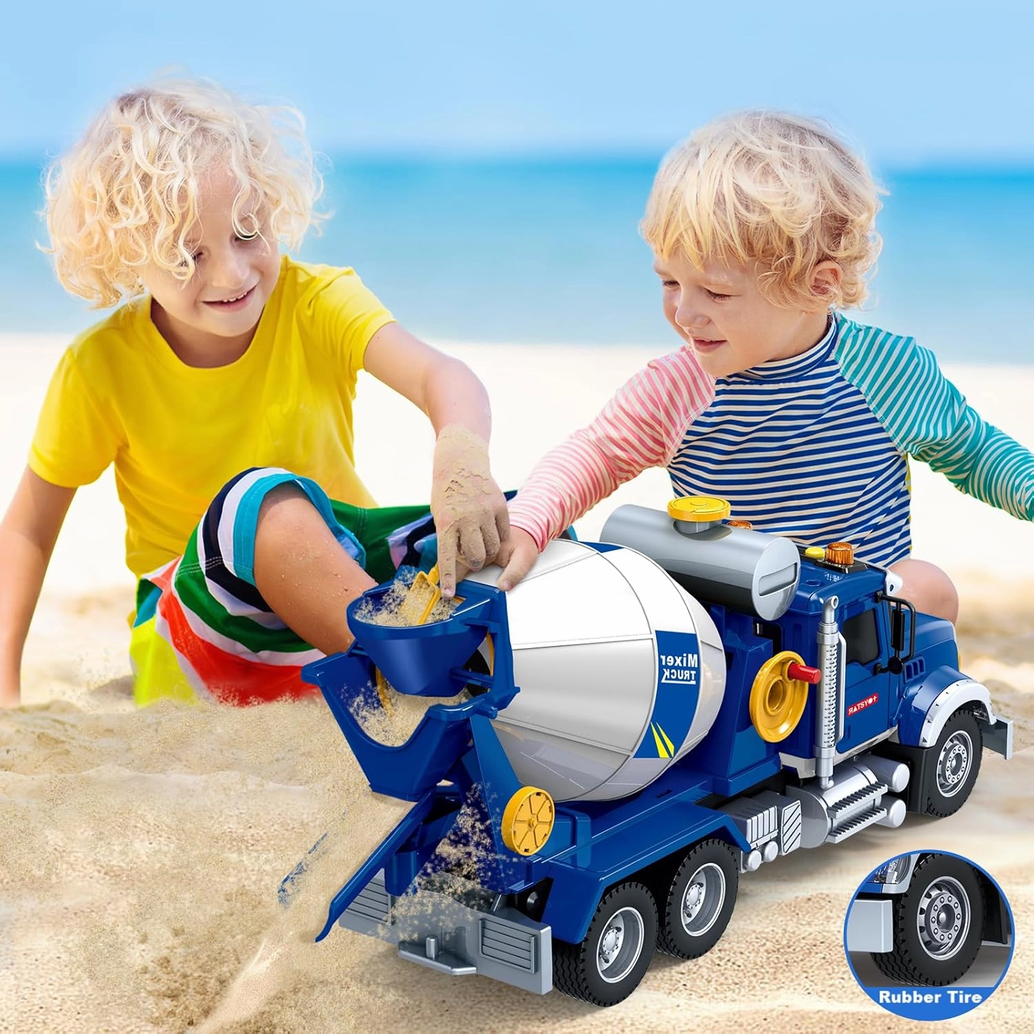 Kids Toys for 3 4 5 6 7 8 Years Old Boys, 15" Large Cement Mixer Truck Toy with Lights, Sounds, Blue Toddler Friction Powered Truck Vehicle Toy for Boys Girls Christmas Birthday Gifts