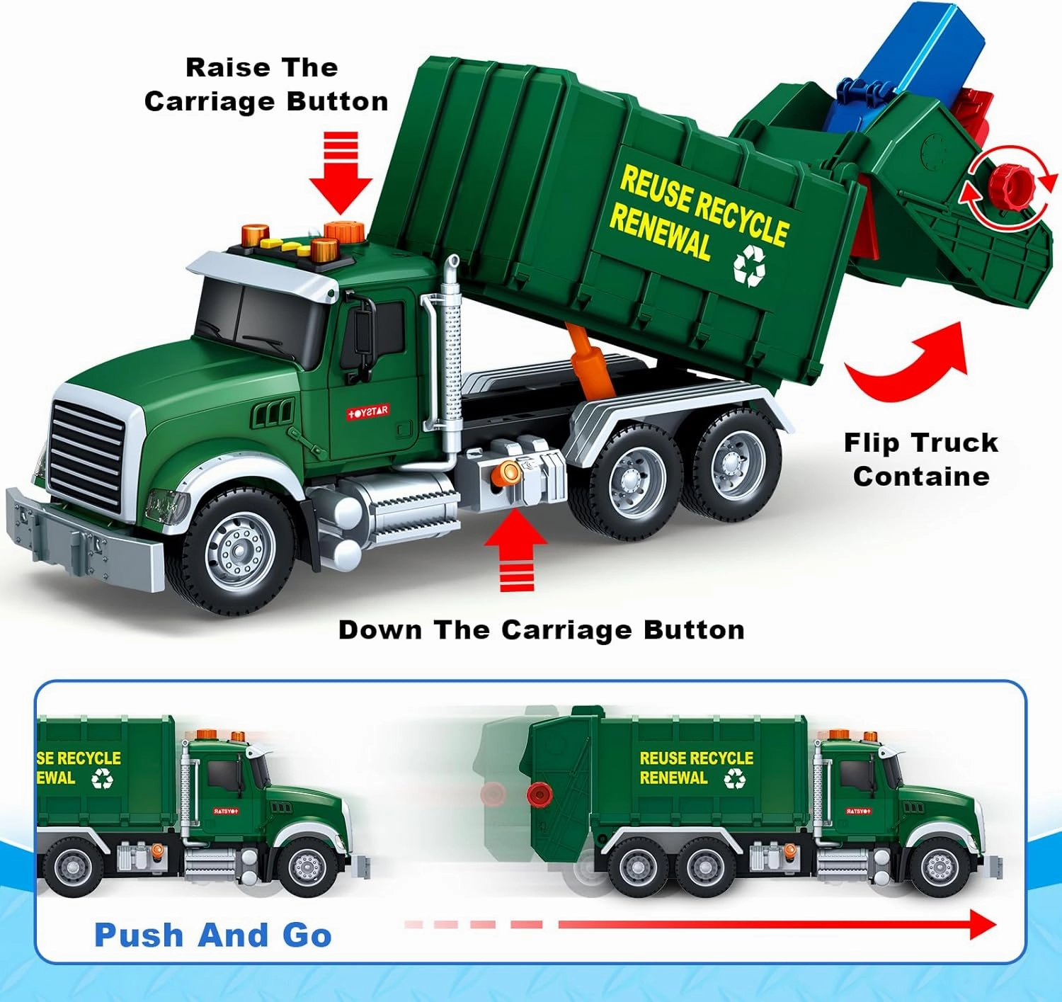 Kids Toys for 3 4 5 6 7 8 Years Old Boys, 15" Large Garbage Truck Toy, Friction Powered Garbage Recycling Truck with Lights and Sounds, 3 Trash Bins with Trash Cards, Birthday Gifts for Boys Girls
