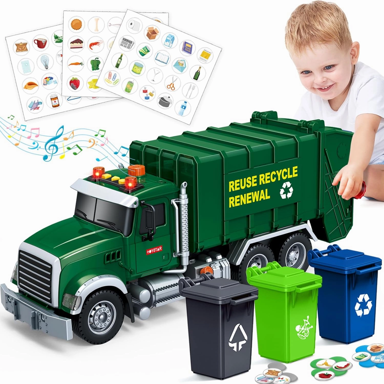 Kids Toys for 3 4 5 6 7 8 Years Old Boys, 15" Large Garbage Truck Toy, Friction Powered Garbage Recycling Truck with Lights and Sounds, 3 Trash Bins with Trash Cards, Birthday Gifts for Boys Girls