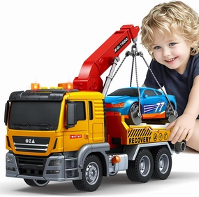 Kids Toys for 3 4 5 6 7 Years Old Boys, Large Tow Truck Toy, Friction Powered Transport Truck Crane Vehicle Toy with Lights and Sounds, Racing Car, Birthday Gifts for Boys Girls
