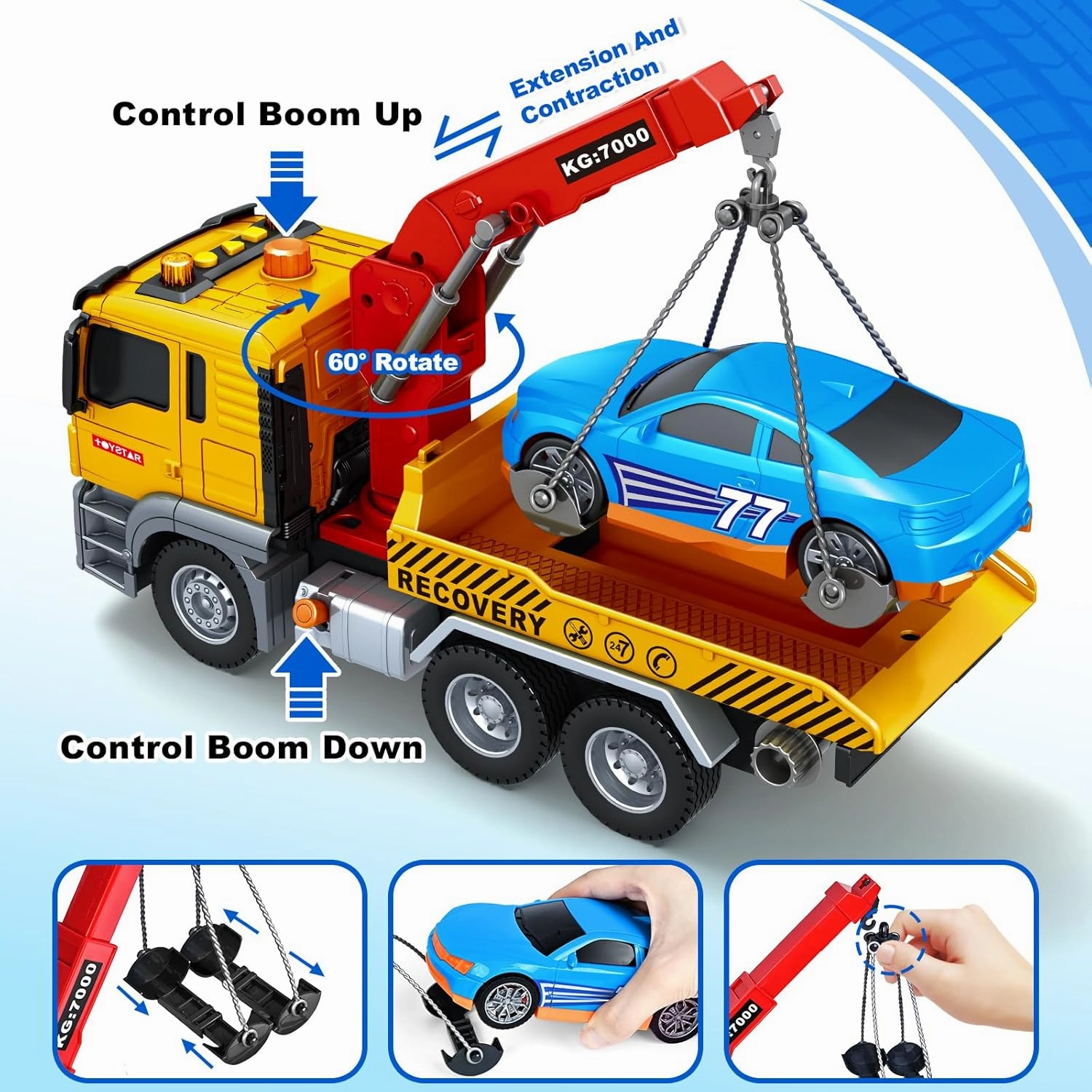 Kids Toys for 3 4 5 6 7 Years Old Boys, Large Tow Truck Toy, Friction Powered Transport Truck Crane Vehicle Toy with Lights and Sounds, Racing Car, Birthday Gifts for Boys Girls