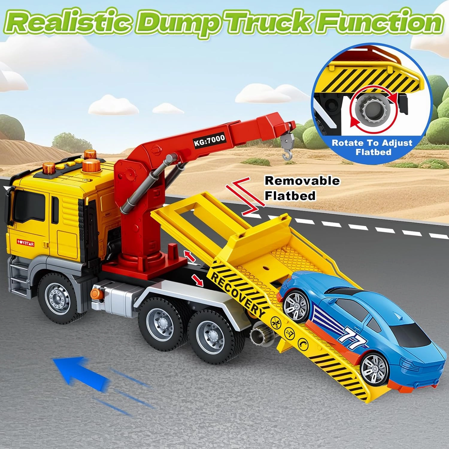 Kids Toys for 3 4 5 6 7 Years Old Boys, Large Tow Truck Toy, Friction Powered Transport Truck Crane Vehicle Toy with Lights and Sounds, Racing Car, Birthday Gifts for Boys Girls
