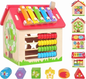 Kids Wooden Toy House, Activity Cube, Sensory Learning Toy, Montessori Toys for Toddlers, Birthday Gifts Set for Babys, Boys and Girls Aged 18 Months 