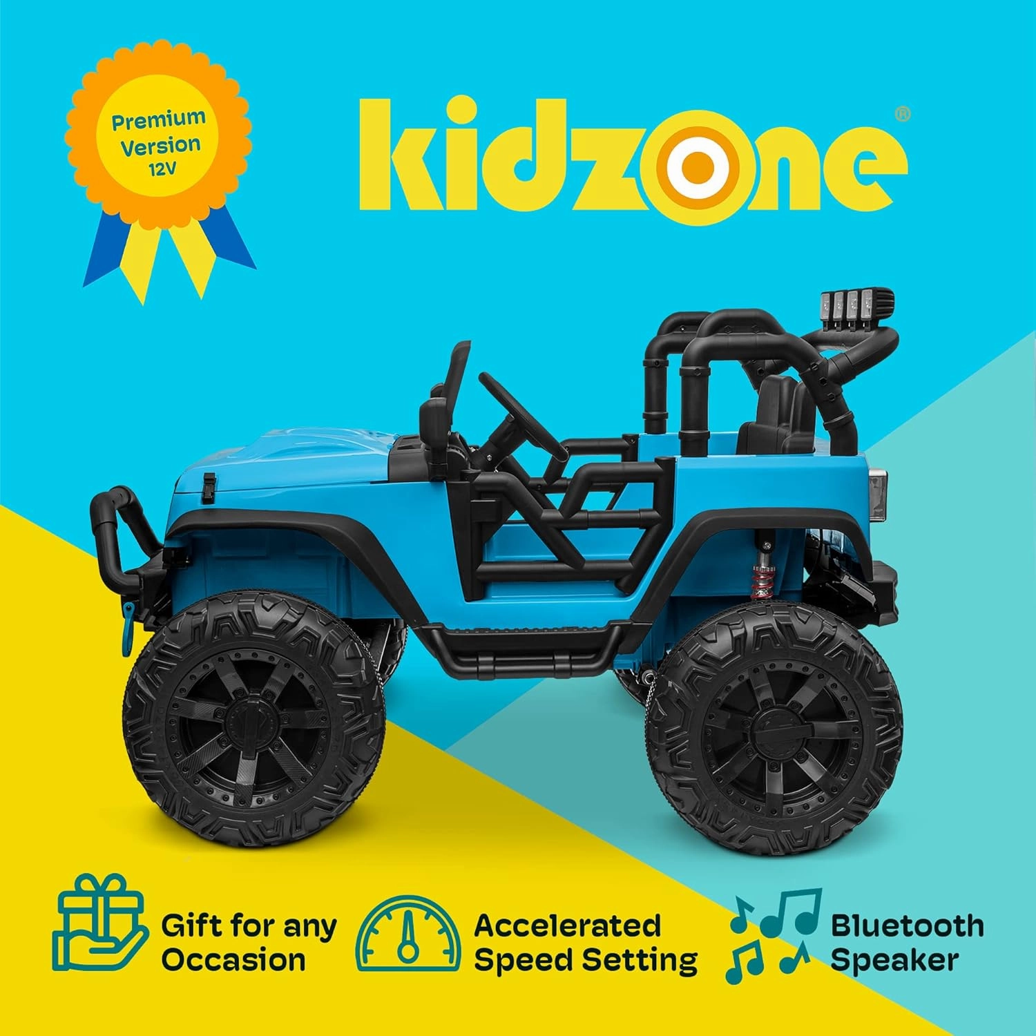 Kidzone Kids 2 Seater Ride On Large Truck 12V Battery Powered Electric Vehicle Toy Car with Parent Remote Control, Double Doors, Safety Belt, LED Lights, MP3 Music, DIY License Plate - Light Blue