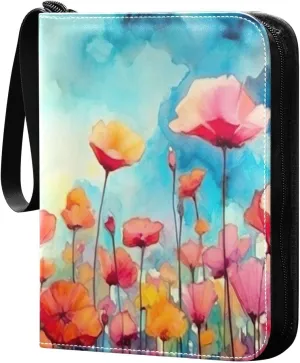 Kigai Trading Card Binder with 50 Sleeves, 400 Pockets PU Zipper Card Collection Binder 4-Pocket Portable Card Folder for Sports Cards, Game Cards (Art Flowers Painting)