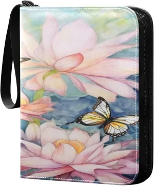 Kigai Trading Card Binder with 50 Sleeves, 400 Pockets PU Zipper Card Collection Binder 4-Pocket Portable Card Folder for Sports Cards, Game Cards (Butterfly Lotus Painting)
