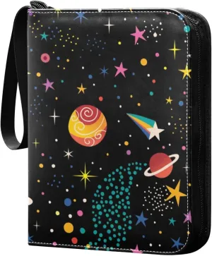 Kigai Trading Card Binder with 50 Sleeves, 400 Pockets PU Zipper Card Collection Binder 4-Pocket Portable Card Folder for Sports Cards, Game Cards (Colorful Space Planets)