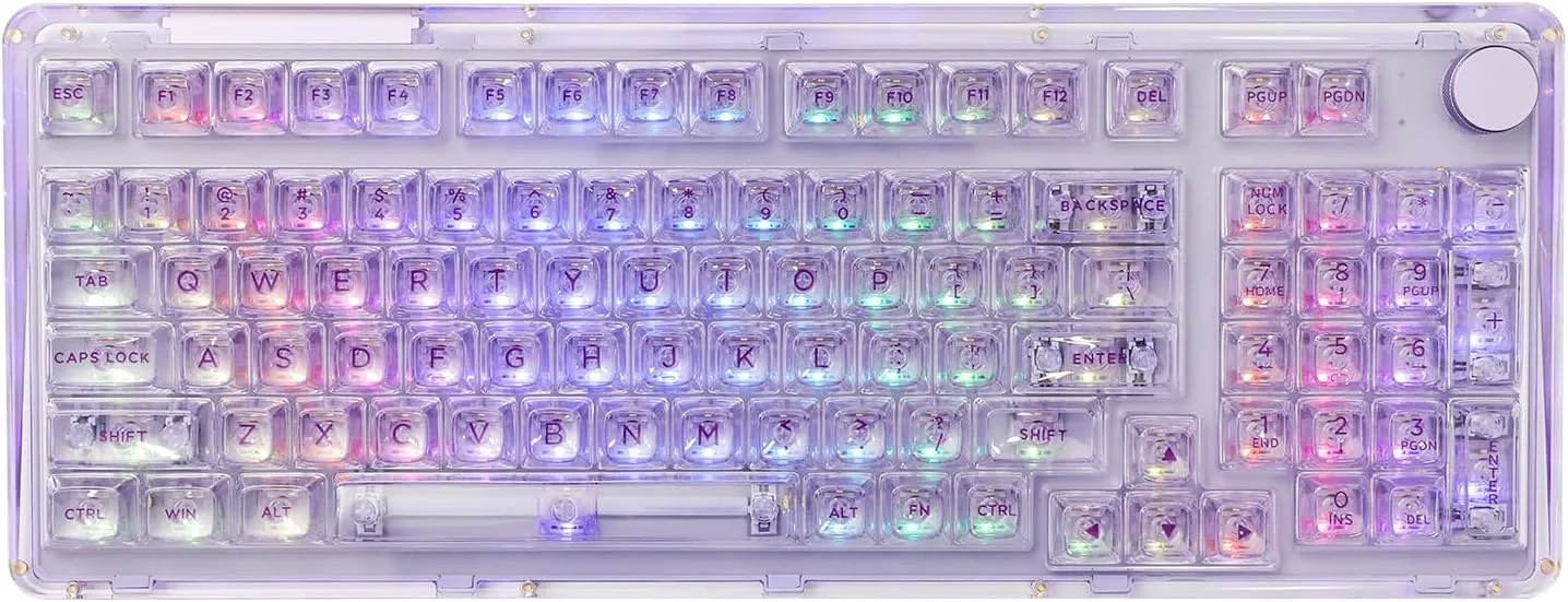 KiiBoom Phantom 98 Hot Swappable Crystal Gasket-Mounted Mechanical Keyboard, Triple Mode NKRO Gaming Keyboard with South-Facing RGB, Clear Keycaps, 8000mAh Battery for Win/Mac (Purple)
