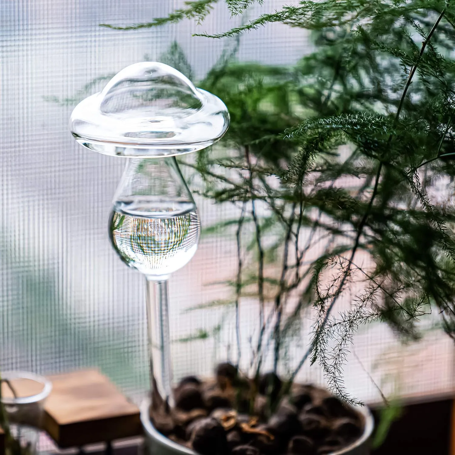 Kingbuy Mushroom Shaped Self-Watering Globes - 4 Pack Glass Automatic Plant Waterer for Indoor Outdoor Plants, Water Bulbs & Decorative Stakes for Plant Lovers