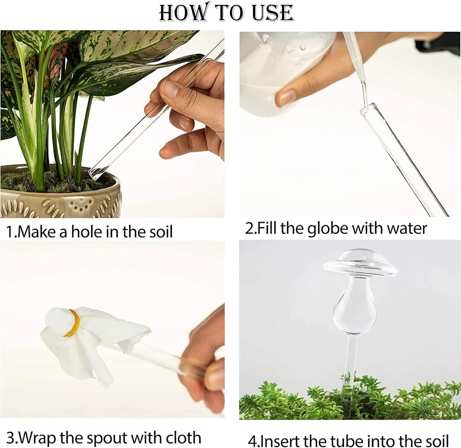 Kingbuy Mushroom Shaped Self-Watering Globes - 4 Pack Glass Automatic Plant Waterer for Indoor Outdoor Plants, Water Bulbs & Decorative Stakes for Plant Lovers