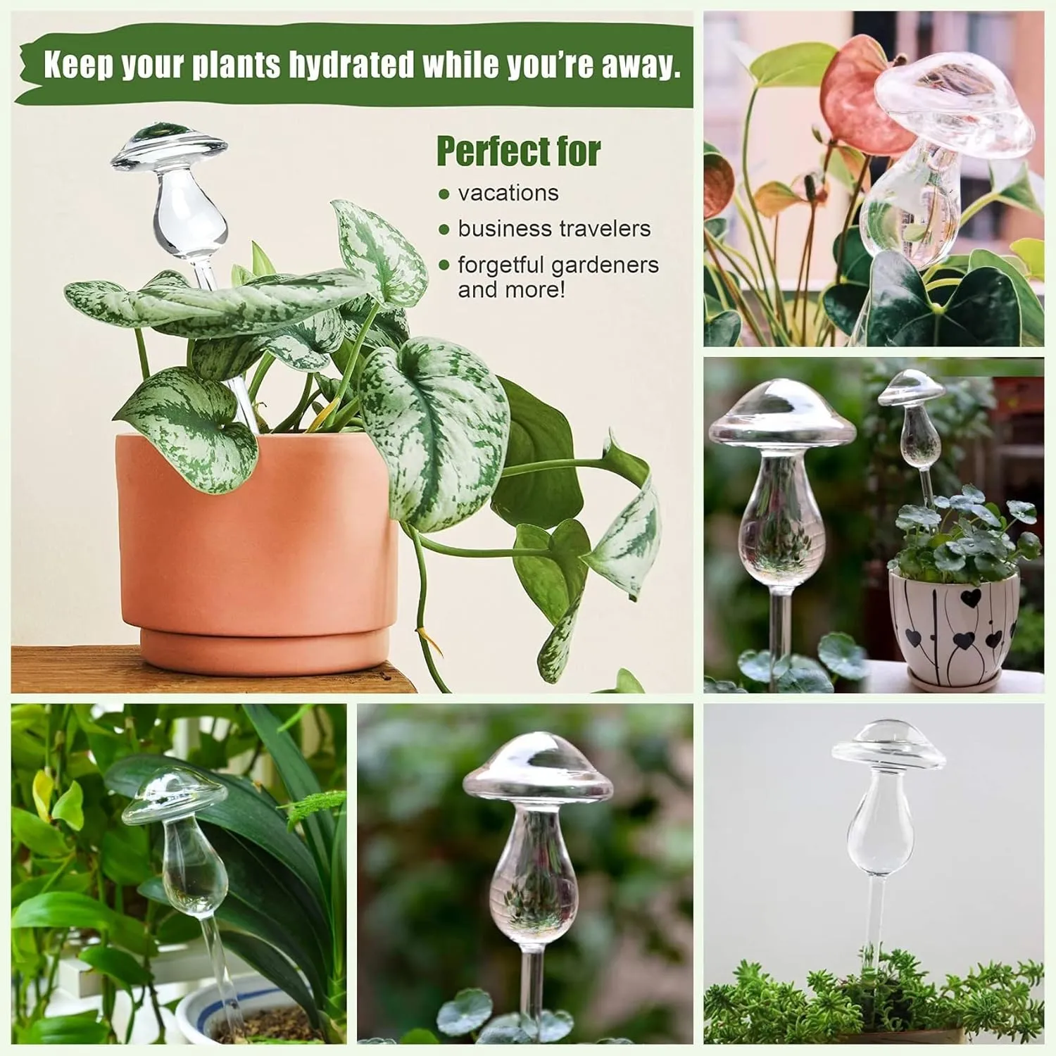 Kingbuy Mushroom Shaped Self-Watering Globes - 4 Pack Glass Automatic Plant Waterer for Indoor Outdoor Plants, Water Bulbs & Decorative Stakes for Plant Lovers