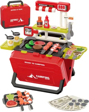 Kitchen BBQ Grill Toy Set, Restaurant Toy Set with Cookware, Pretend Play Interactive Little Chef Play for Kids, Birthday Gift for Toddler Girl Boy Toy 3 4 5 6 Year Old Kids (Red)