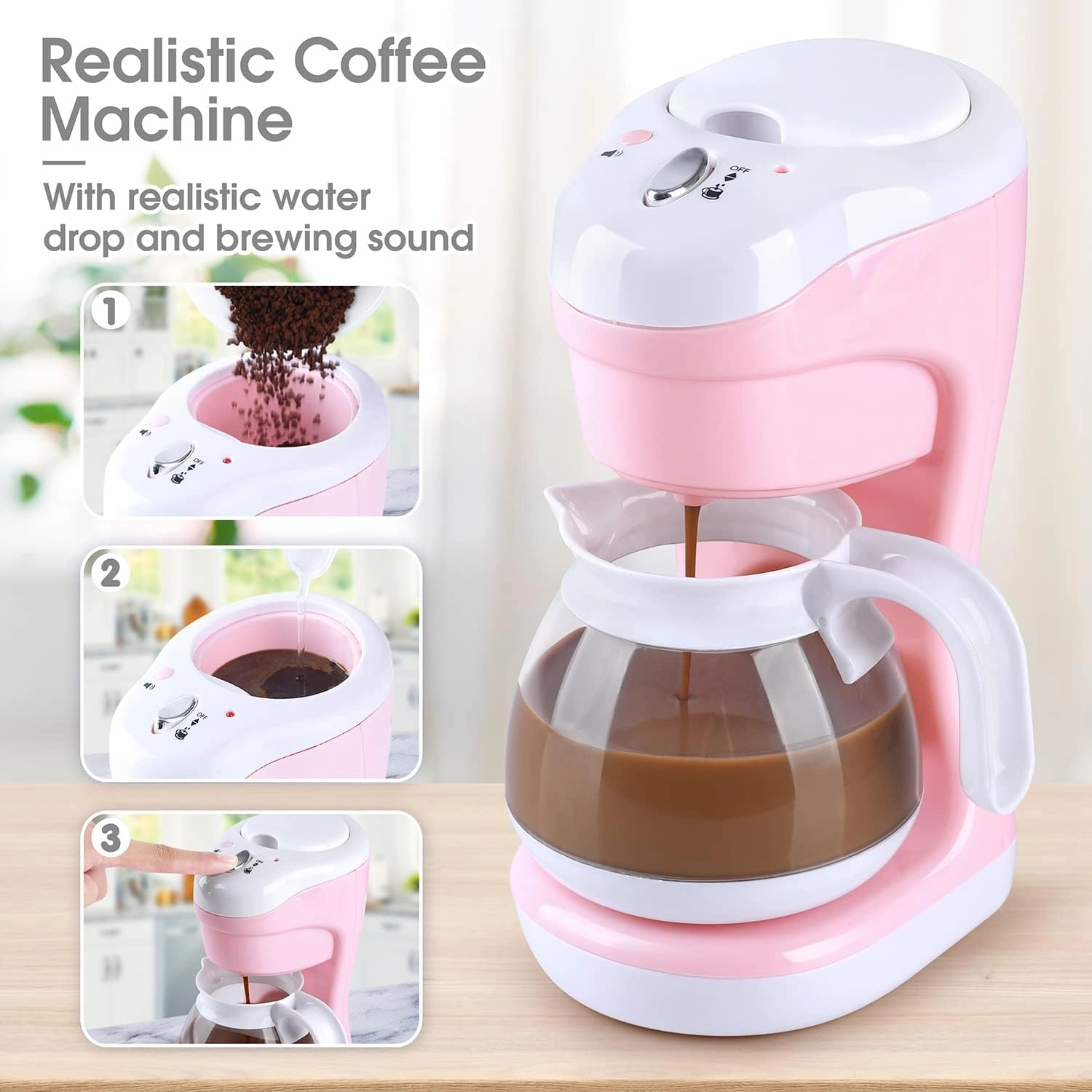 Kitchen Appliances Toys, Kids Play Kitchen Accessories Set, Pretend Kitchen Toys for Kids Ages 4-8, Coffee Maker, Mixer, Toaster with Realistic Lights & Sounds, Gift for Girls Ages 3 