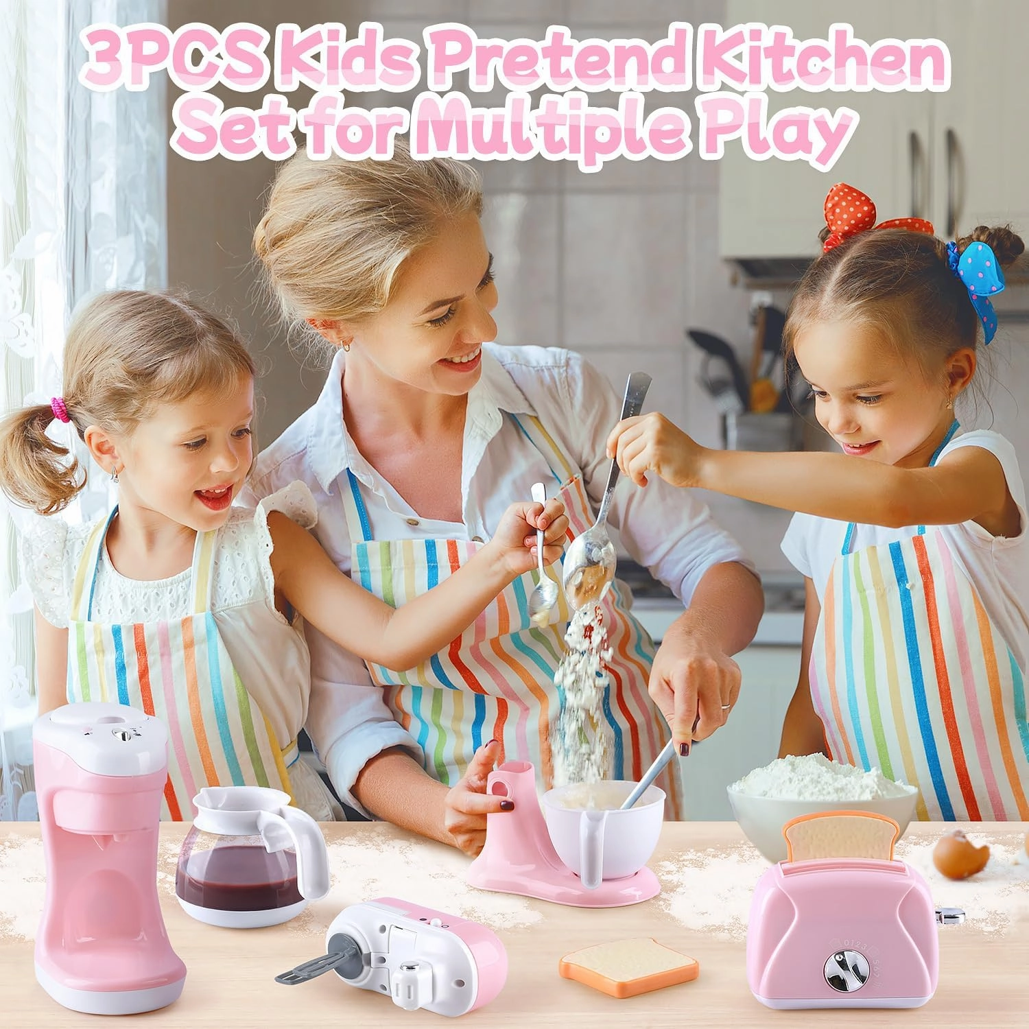 Kitchen Appliances Toys, Kids Play Kitchen Accessories Set, Pretend Kitchen Toys for Kids Ages 4-8, Coffee Maker, Mixer, Toaster with Realistic Lights & Sounds, Gift for Girls Ages 3 