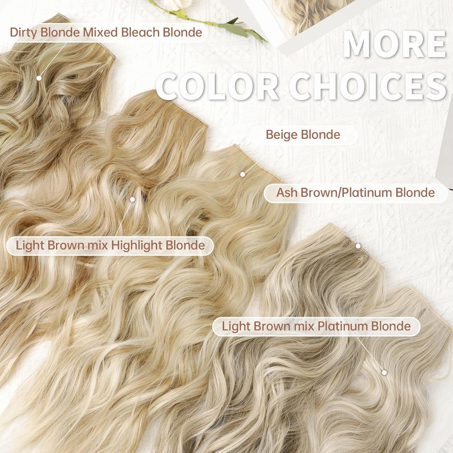 KooKaStyle Invisible Wire Hair Extensions with Transparent Headband Adjustable Size 4 Secure Clips Long Wavy Secret Wire Hairpiece 16 Inch Ash Brown mix Platinum Blonde for Women