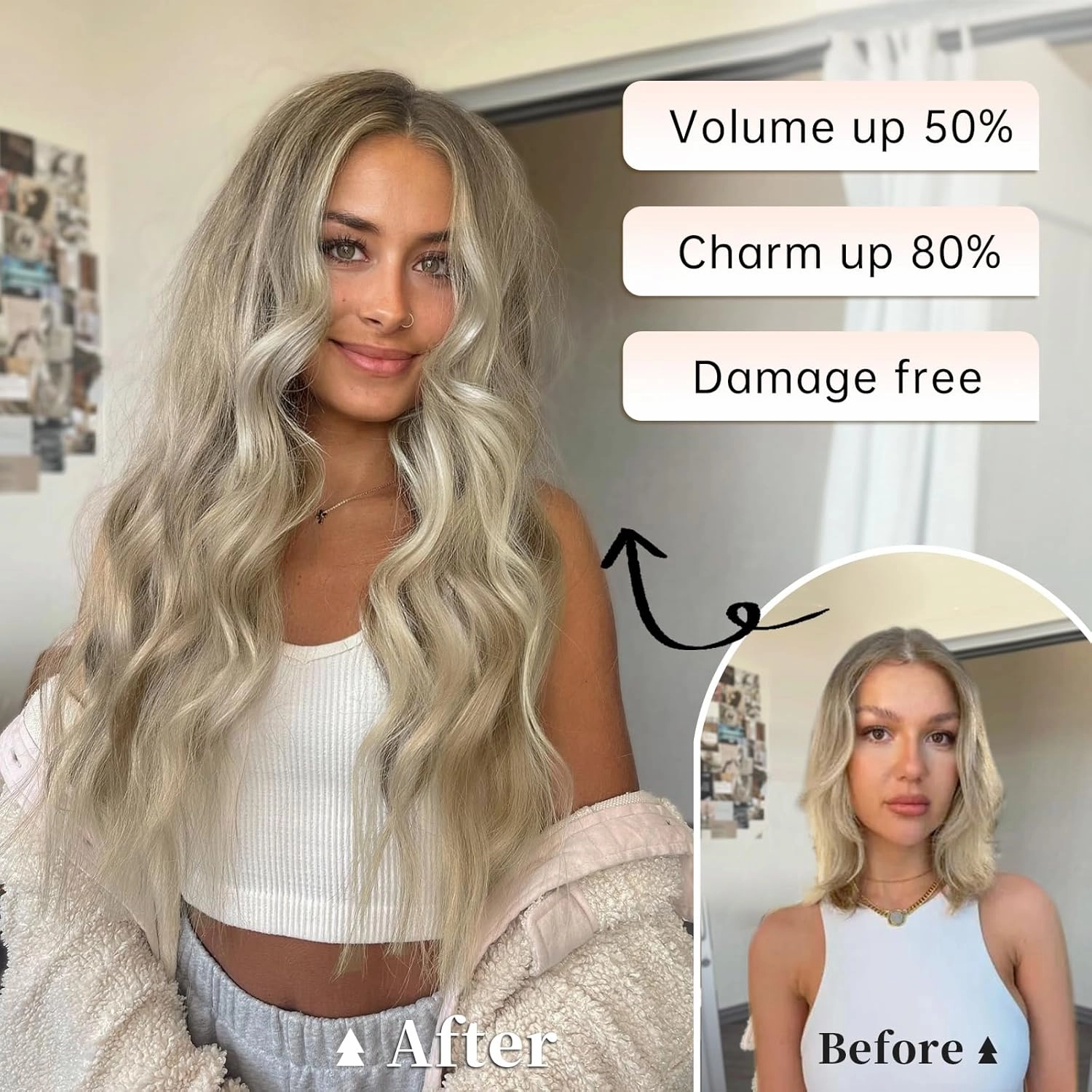 KooKaStyle Invisible Wire Hair Extensions with Transparent Headband Adjustable Size 4 Secure Clips Long Wavy Secret Wire Hairpiece 16 Inch Ash Brown mix Platinum Blonde for Women