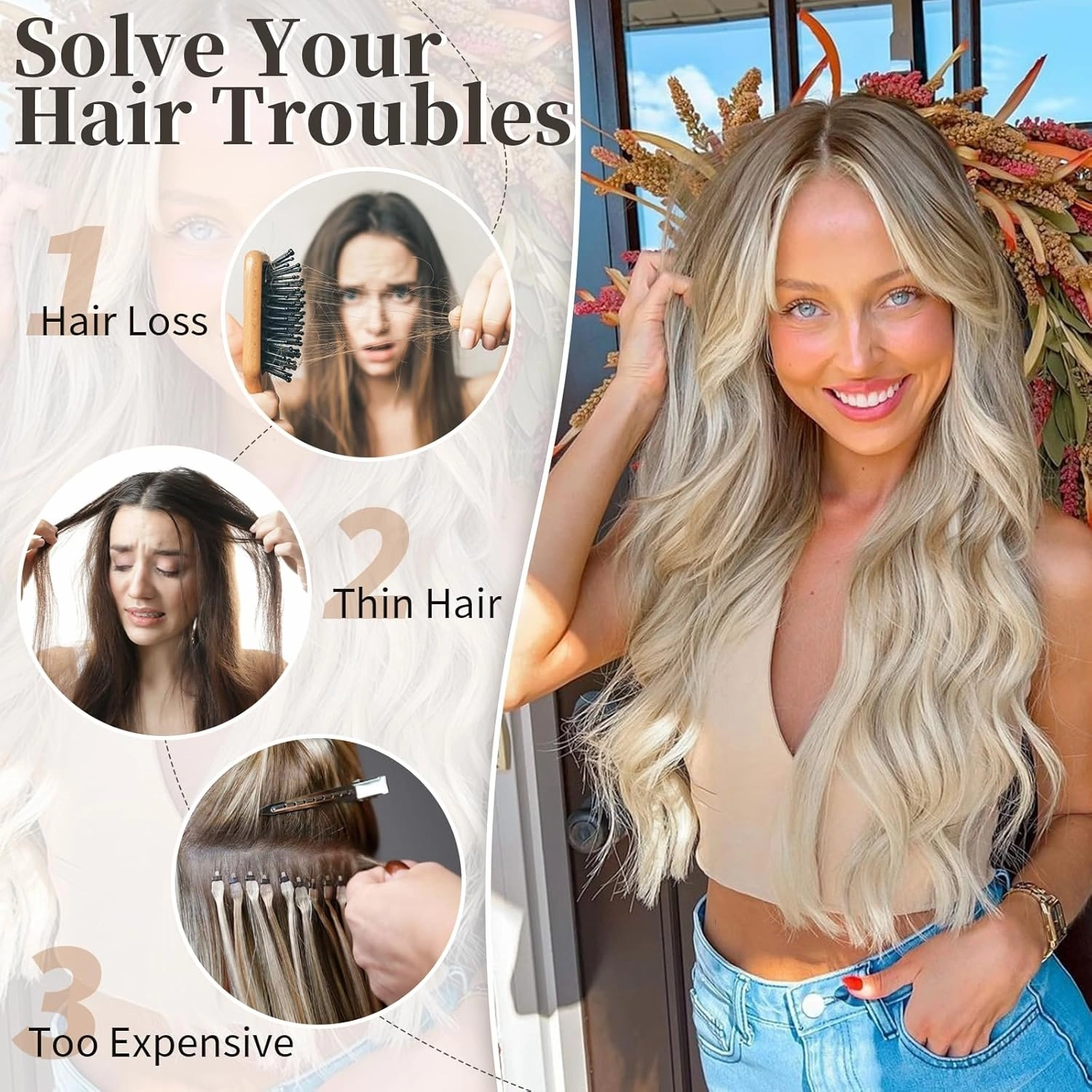 KooKaStyle Invisible Wire Hair Extensions with Transparent Headband Adjustable Size 4 Secure Clips Long Wavy Secret Wire Hairpiece 16 Inch Ash Brown mix Platinum Blonde for Women