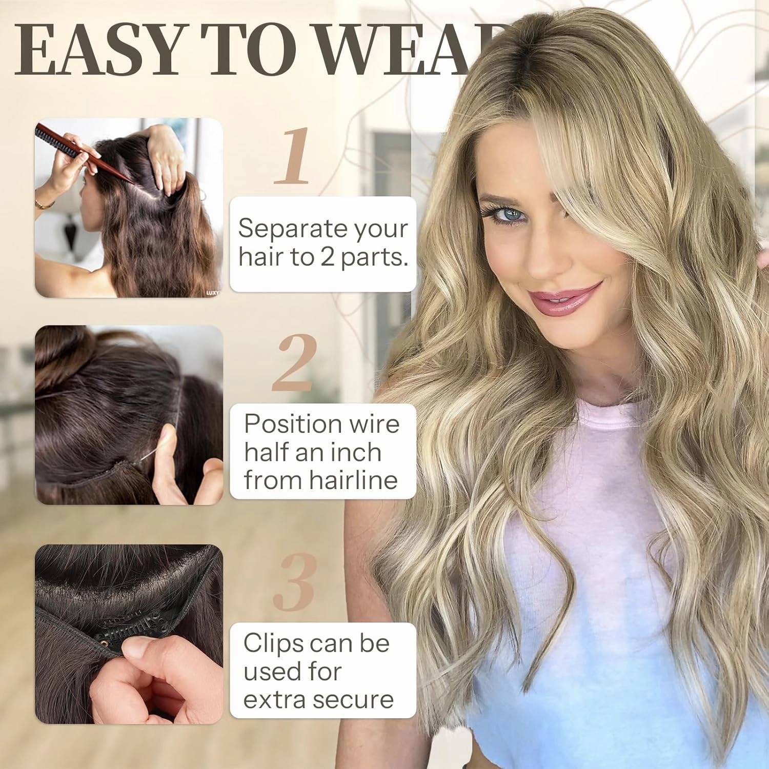 KooKaStyle Invisible Wire Hair Extensions with Transparent Headband Adjustable Size 4 Secure Clips Long Wavy Secret Wire Hairpiece 16 Inch Ash Brown mix Platinum Blonde for Women