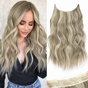 KooKaStyle Invisible Wire Hair Extensions with Transparent Headband Adjustable Size 4 Secure Clips Long Wavy Secret Wire Hairpiece 16 Inch Ash Brown mix Platinum Blonde for Women