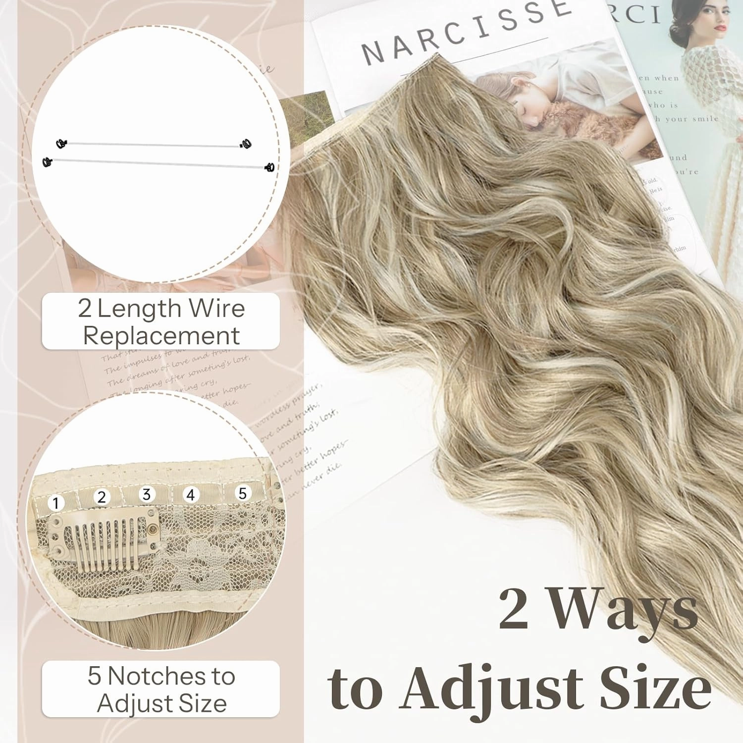 KooKaStyle Invisible Wire Hair Extensions with Transparent Headband Adjustable Size 4 Secure Clips Long Wavy Secret Wire Hairpiece 16 Inch Ash Brown mix Platinum Blonde for Women