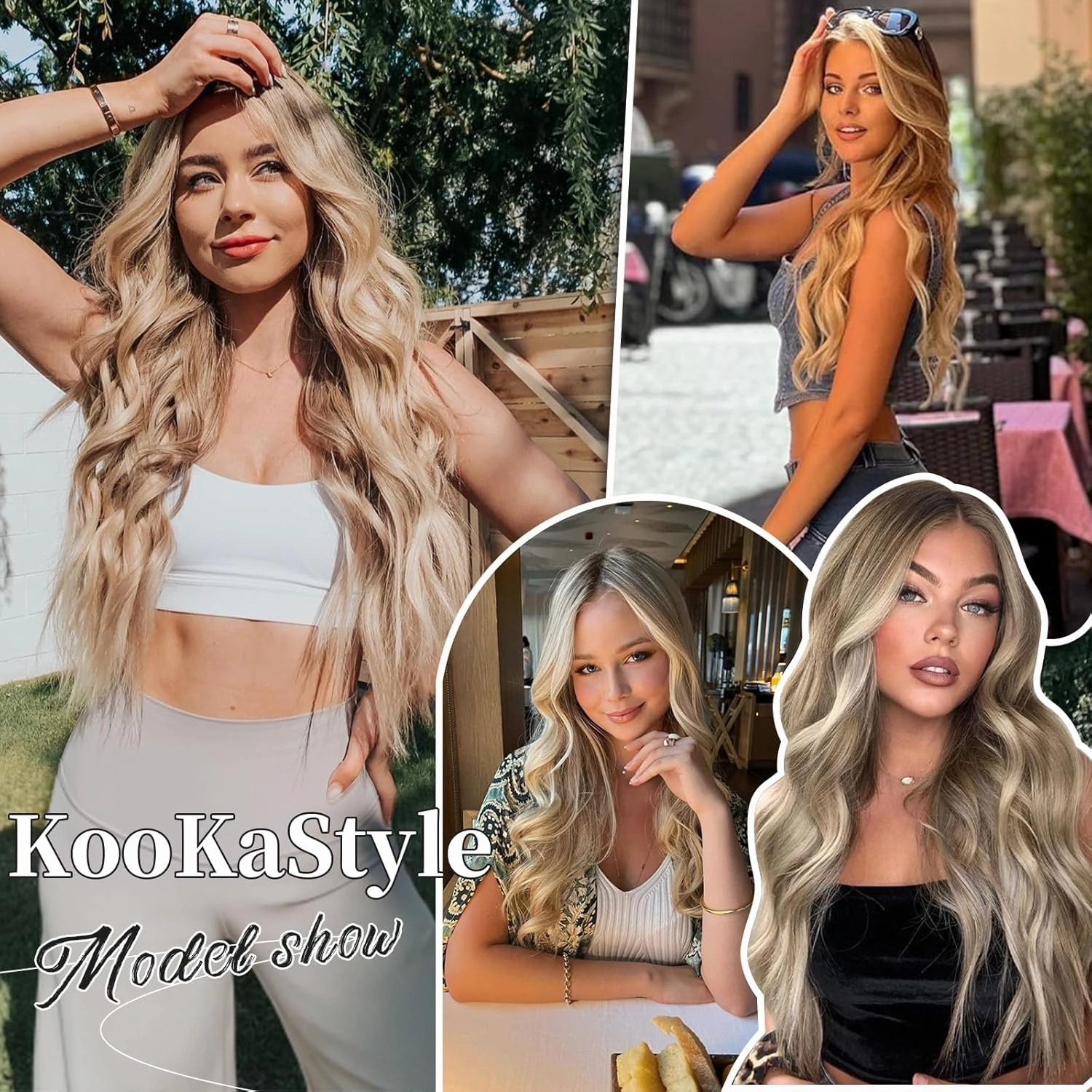 KooKaStyle Invisible Wire Hair Extensions with Transparent Headband Adjustable Size 4 Secure Clips Long Wavy Secret Wire Hairpiece 16 Inch Ash Brown mix Platinum Blonde for Women