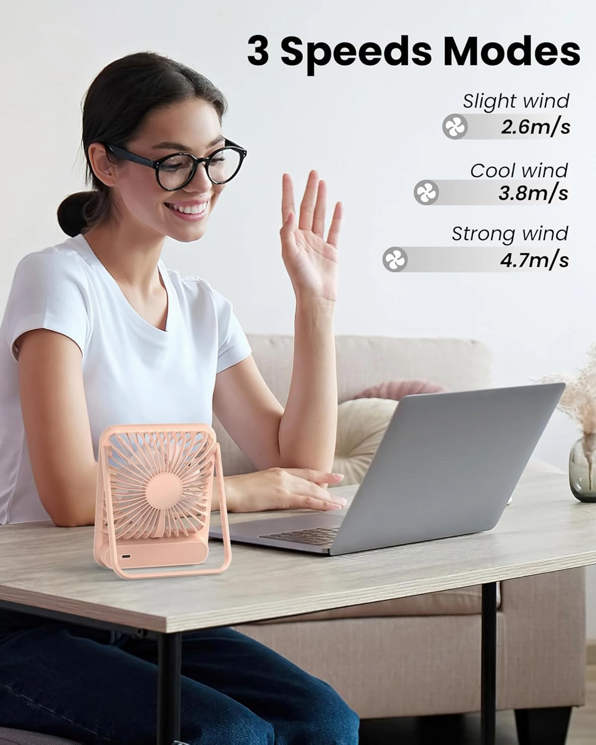 Koonie Desk Fan, Ultra Quiet 2.5-11h Battery Operated Small USB Fan with Strong Wind, 180° Tilt Folding and 3 Speeds Adjustable, Battery Powered Mini Personal Fan for Office Bedroom Desktop Pink