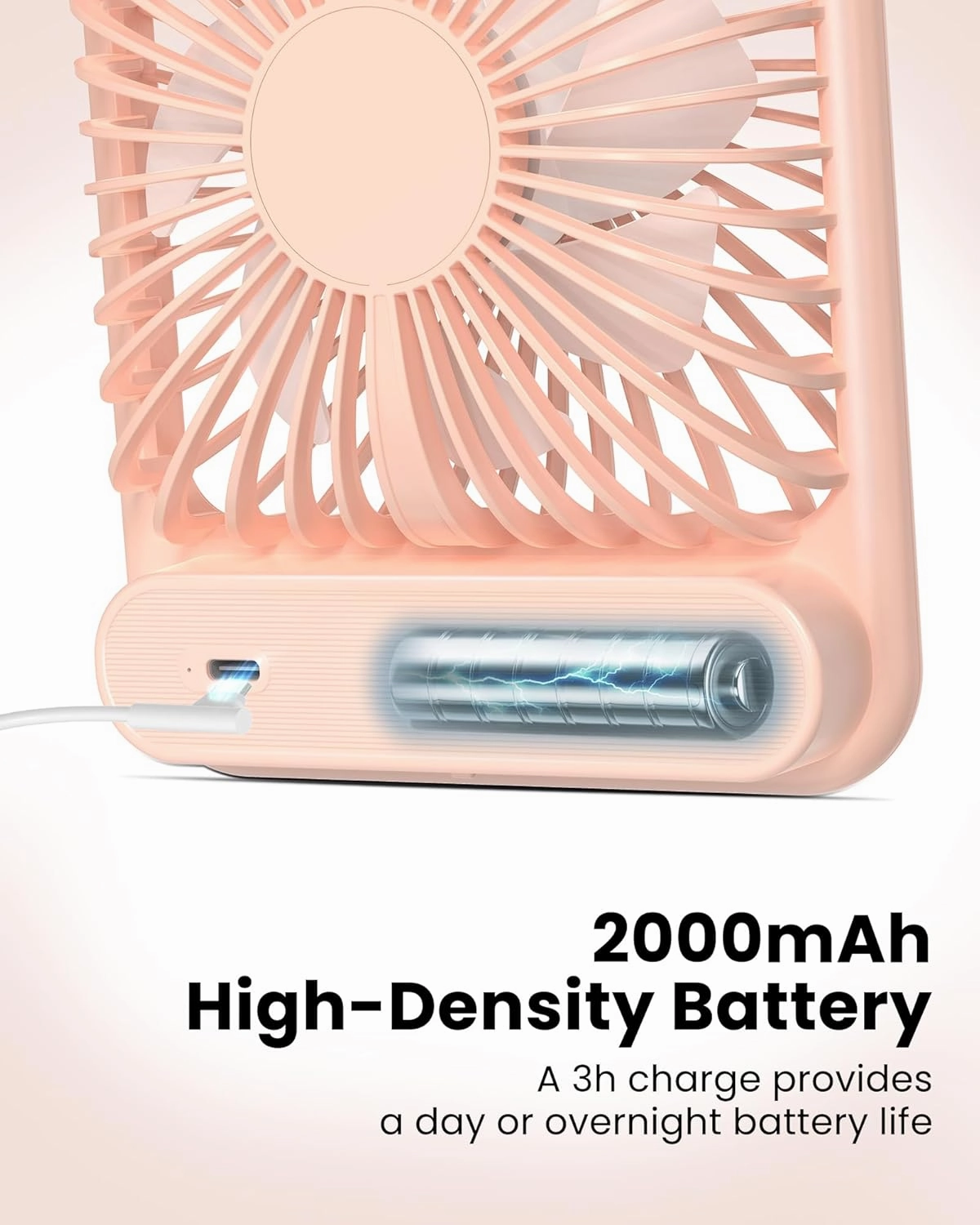 Koonie Desk Fan, Ultra Quiet 2.5-11h Battery Operated Small USB Fan with Strong Wind, 180° Tilt Folding and 3 Speeds Adjustable, Battery Powered Mini Personal Fan for Office Bedroom Desktop Pink