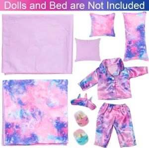 K.T. Fancy 8 PCS 18 Inch Girl Doll Clothes and Accessories Sleeping Sheet,Pajamas,Eye Mask,Unicorn Slippers,Pillow(Doll and Bed are Not Included)