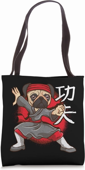 Kung Fu Pug Dog in Wide Kung Fu Stance Chinese Calligraphy Tote Bag