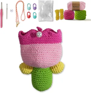 Kynova Tulip Bag Crochet Kit – DIY Step-by-Step Crochet Videos Tutorial for Beginners, Complete Holiday Craft Set Premium Yarn & Tools